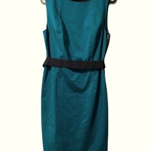 Ann Taylor Size 10 Womens Classic Green Blue Sheath Dress Midi Belted Side Zip